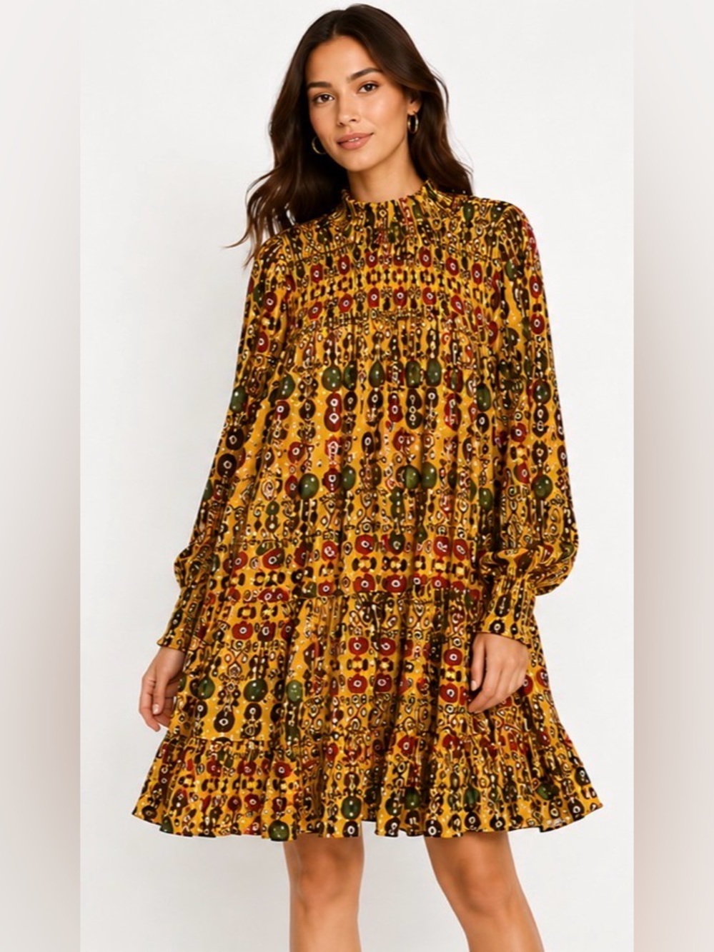 Oliphant Fortela Saffron Smocked Mini Dress XS Long Sleeve Boho Floral